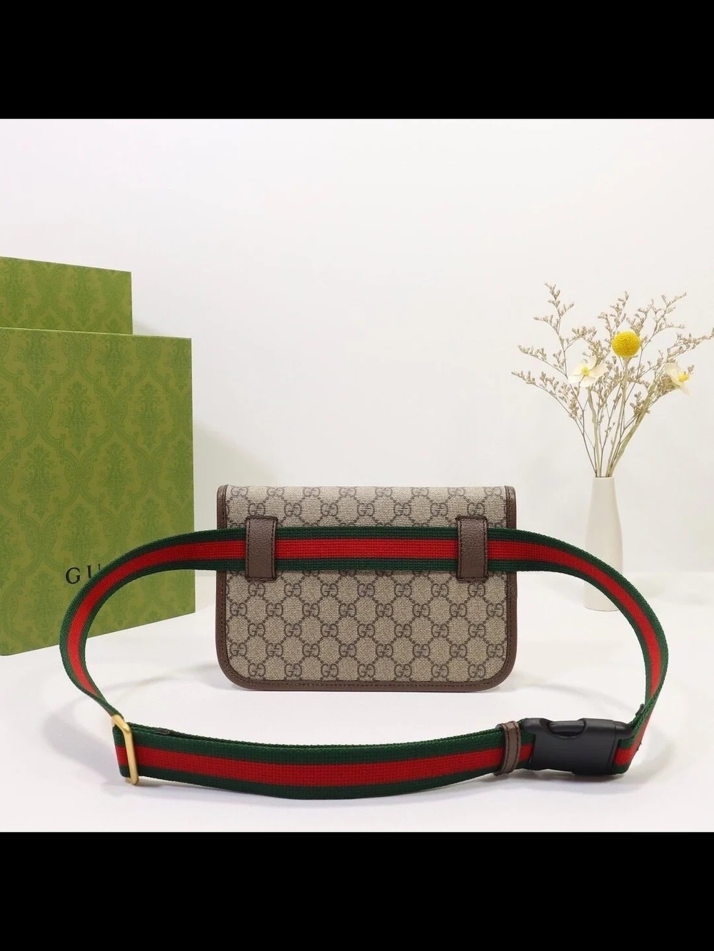 Gucci Brown GG Supreme Crossbody Bag with Red-Green Web Strap - Picture 2 of 7